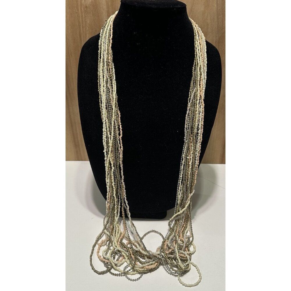 multi strand necklace seed bead neutral long Silver Tone Boho Beach Statement